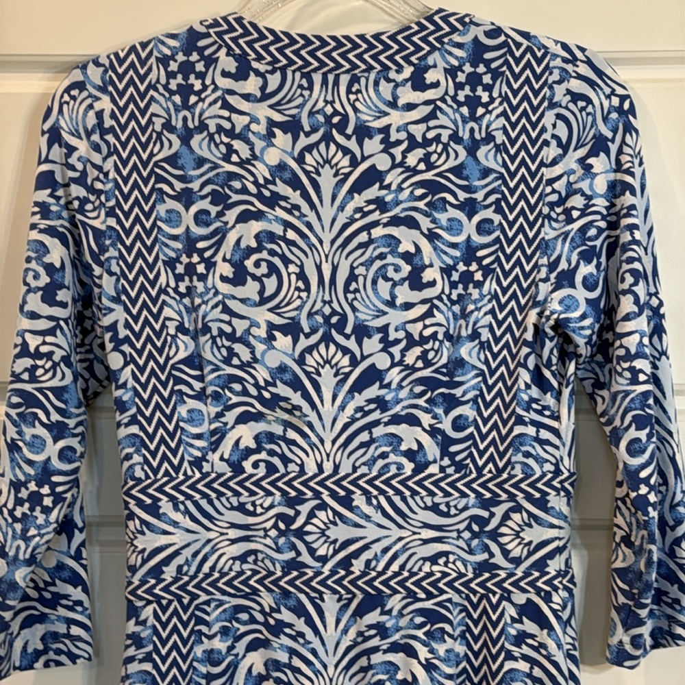 J. McLaughlin Lola Dress Catalina Cloth Blue White Chevron 3/4 Sleeves XS - Picture 6 of 7
